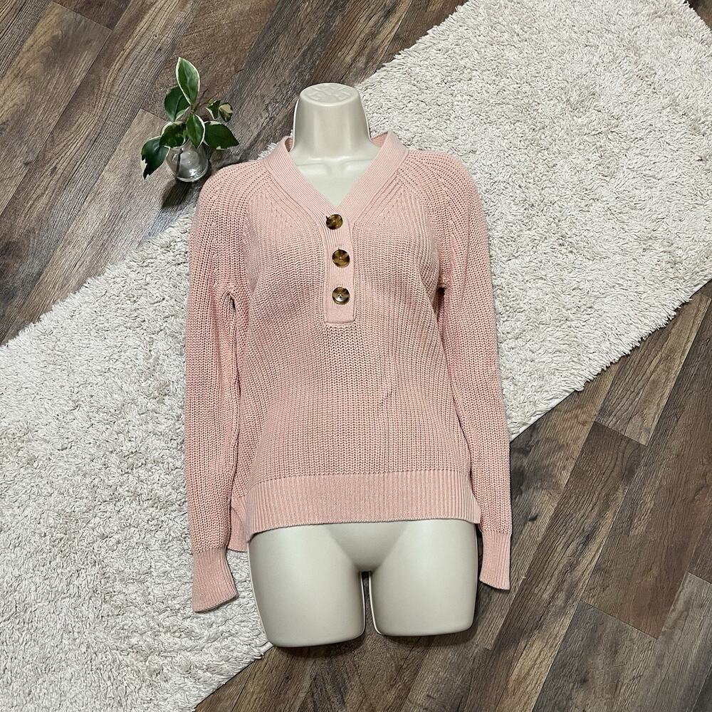 LOFT Size XS Oversized Pink Ribbed V-Neck Henley Pullover 100% Cotton Sweater